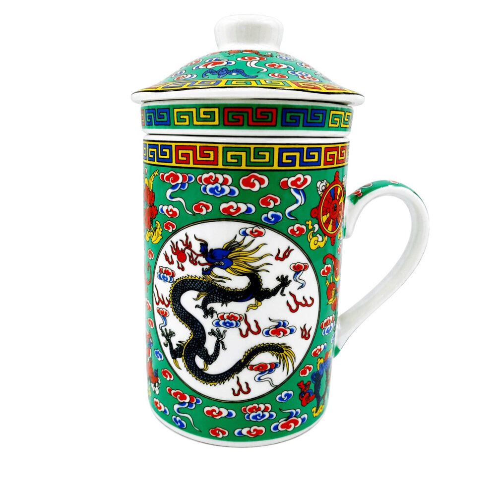 Taza Ceramica Con Filtro Oriental Dragon Nubes Ashta Mangalas 3pza
